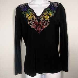 Vintage Sweaterworks Y2K Beaded Sweater Sz S Slinky Knit Boho Grunge Black